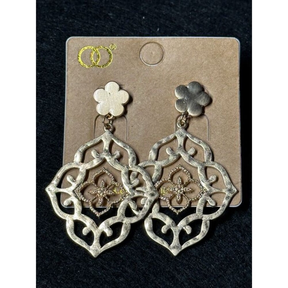 Gold Tone Moroccan Filigree Dangle Earrings Boho Statement Flower Style New